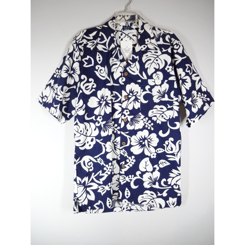 VTG Islander Camp Shirt Men Small Blue White Floral Tropical Cotton Aloha Resort